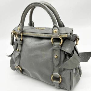 ●高級●miu miu ミュウミュウ リボン ハンドバッグ　鞄 かばん ゴールド金具 本革 レザー レディース 灰色 グレー