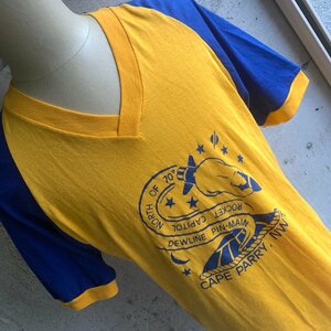 アメリカ古着 ビンテージ ユーズド ラグラン 半袖 Tシャツ イエロー ブルー Vネック U.S Used Clothing 80s Vintage Raglan Tee