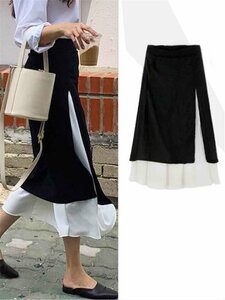 スリム 縫い付け生地 シフォン スプリット スカート 上品 XL ブラック