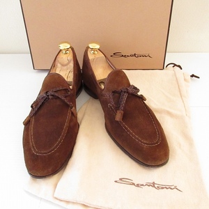 #ans サントーニ Santoni BEAMS F ローファー デッキシューズ 4 1/2 茶 スエード リボン イタリア製 箱付き 保存袋付き メンズ [889710]