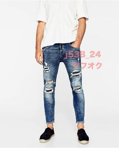 デザイン性抜群 ZARA MAN バイカー ストレッチ ダメージ 送料230円 38 30 リペア デニム スキニー メンズ パンツ ジーンズ