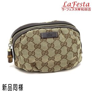 ◆ 本物 新品同様 ◆ GUCCI グッチ コスメポーチ 化粧ポーチ ギャザー バンブー GG柄 ブラウン キャンバス レザー ファスナー 人気 246175