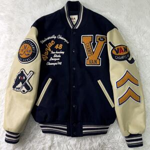 【完売品】VAN JACKET スタジャン ICE HOCKEY フルデコ 袖レザー キルティング 刺繍 ワッペン アイスホッケー ネイビー 紺 L プレミアム