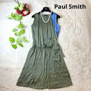 上品/花刺繍 Paul Smith ポールスミス ワンピース　ノースリーブ 花刺繍 緑 青 38 M 夏 切り替え バイカラー フラワー ノースリーブ 立体