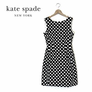 G908-O◆良品◆ kate spade ケイトスペード ノースリーブワンピース 総柄 りんご 膝丈◆size2 コットン シルク ブラック 黒