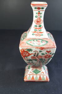 【信香】★【古九谷　時代物旧家だし　茶道具　赤絵鳳凰紅葉花鳥図】　花器「一輪挿し」共箱　高さ16㎝　口径2.8㎝　幅7㎝　美品逸品