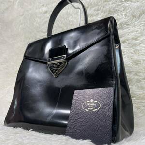 1円~ PRADA プラダ ハンドバッグ ビジネスバッグ 三角ロゴプレート A4◎ パテントレザー ブラック 黒 フラップ ビジネス 通勤 通学 メンズ