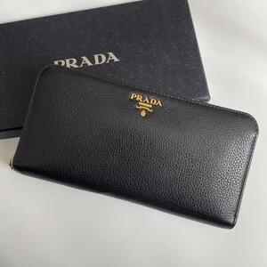 【極美品★箱付き】PRADA プラダ 長財布 ラウンドファスナー ヴィッテログレイン シボ革 レザー 黒 ブラック 1ML506