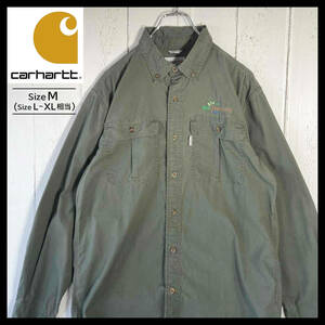 【USED】 カーハート Carhatt 長袖 ワークシャツ 刺繍 企業ロゴ 90s アメカジ USA 古着 カーキ色 (L～XL相当) ☆送料無料☆