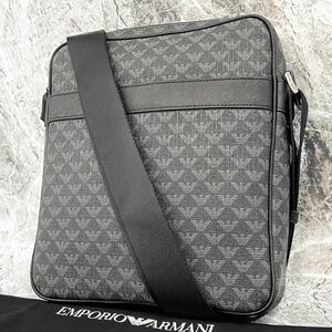 1円【未使用級 総柄】EMPORIO ARMANI エンポリオアルマーニ ショルダーバッグ レザー サフィアーノ ボディ サコッシュ 斜め掛け メンズ 黒