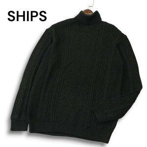 【美品】SHIPS シップス 秋冬 ランダム アラン★ ウール100% ケーブル タートルネック セーター ニット Sz.M メンズ 黒　A4T13378_C#K