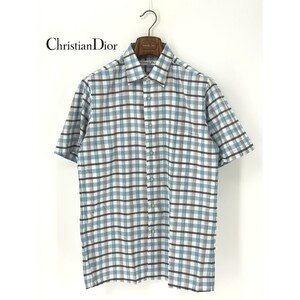 A9931/ビンテージ 80s 90s 極美品 春夏 Christian Dior クリスチャンディオール monsieur コットン チェック 半袖 シャツ L 水色 メンズ