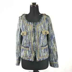 キメラパーク/ChiMera park★ノーカラー/カラフルツイードジャケット【レディースM/緑×青】スプリングホック/Coats/Jackets◆BH266