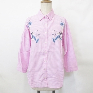 未使用品 アンドサーチ AND SEARCH ブラウス シャツ 七分袖 ストライプ 刺繍 ピンク ホワイト M レディース