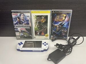 M221-X2-1128 SONY PSP-3000 ホワイト/ブルー プレイステーションポータブル /ソフト付き モンスターハンター.ウイニングイレブン 現状品②