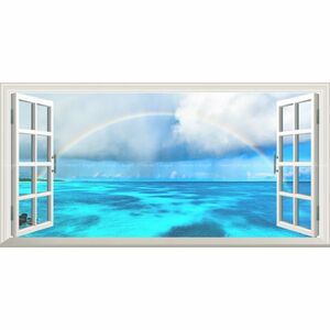 【パノラマ窓仕様】沖縄の海景色 幻想的な虹のアーチ 波照間島ニシノ浜のレインボー 壁紙ポスター 1152mm×576mm はがせるシール式 M009MS1