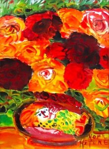 【真作】野間仁根　「薔薇」　油彩画　4F　●原色で鮮やかに明るく薔薇を描いています、珍しい貴重な作品です。【正光画廊】