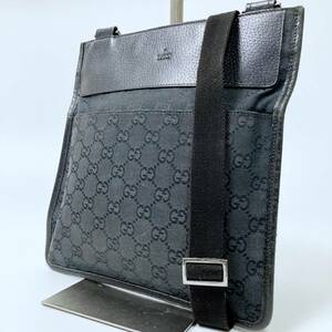 美品 GUCCI グッチ GGキャンバス レザー サコッシュ ショルダーバッグ 斜め掛け クロスボディ 黒 ブラック メンズ ビジネス 総柄