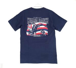 Kuala Ranch Hawaii Hanes ヘインズ Tシャツ S/P 紺 半袖 背面にもプリント ハワイ クアロアランチ 馬 星条旗 タグレス 乗馬 D537