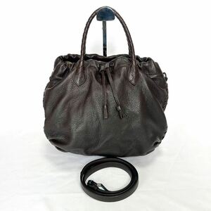 ボッテガヴェネタ　巾着型　2way ショルダーバッグ　イントレチャートレザー　ハンドバッグ　ダークブラウン　BOTTEGA VENETA