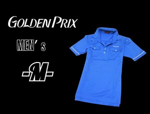 メンズM◇GOLDEN PRIX◇ボタンダウンゴルフ半袖ポロシャツ 青