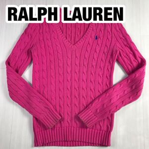 RALPH LAUREN SPORT ラルフローレン スポーツ 長袖ニット XS 155/80A ピンク ケーブルニット 刺繍ポニー Vネック ユース