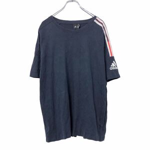 adidas 半袖 プリントTシャツ L ネイビー ホワイト レッド アディダス ライン 古着卸 アメリカ仕入 a506-6485