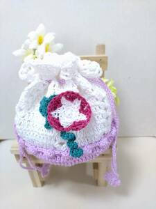 朝顔のミニポーチ☆手編み　赤紫