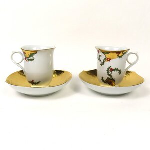 1円～ 3.Meissen マイセン クリスマスノエル セイヨウヒイラギ コーヒーカップ＆ソーサー 2客 計4点 y236-3409406【Y商品】