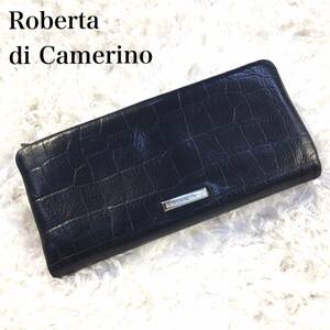 Roberta di Camerino ロベルタディカメリーノ ロングウォレット 長財布 かぶせ スナップボタン留め レザー 革 型押しクロコ ブラック 黒
