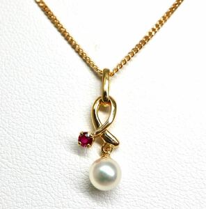 1円〜!!MIKIMOTO(ミキモト)●K18 天然ルビー/アコヤ本真珠ネックレス●N 約3.1g 約40.0cm 約5.0mm珠 necklace EC1/EC6 A18