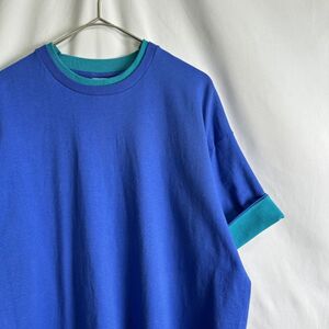 90s USA製 FRUIT OF THE LOOM アーム ダブルフェイス Tシャツ XL ブルー グリーン ツートン シングル フルーツオブザルーム 80s ビンテージ