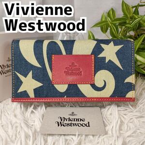 極希少 ヴィヴィアンウエストウッド 長財布 総柄 オーブ レザー デニム レッド VivienneWestwood 財布 インディゴ 白 赤 レディース 女性