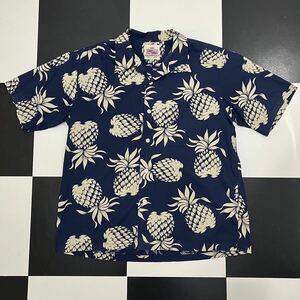 美品 DUKE KAHANAMOKU オープンカラー パイナップル 柄 アロハ シャツ XL ネイビー カハナモク 東洋 aloha shirt