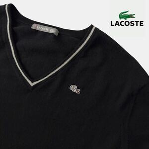 ラコステ LACOSTE Vネック ニット セーター 3 (M) ブラック グレー ウール ハイゲージニット 黒