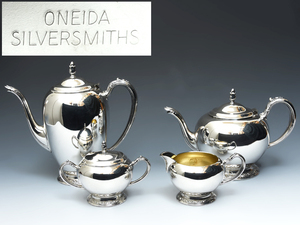 米国 ONEIDA社 ヴィンテージ ティー4点セット シュガーポット クリーマー ポット2点 専用箱 ONEIDA SILVERSMITHS オネイダ　　 z7699a