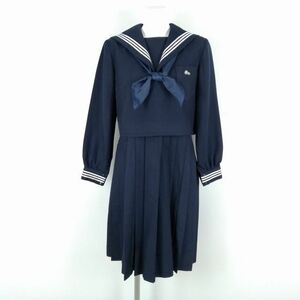 1円 セーラー服 ジャンパースカート スカーフ 上下3点セット 冬物 白3本線 女子 学生服 熊本人吉高校 紺 制服 中古 ランクC NA8286