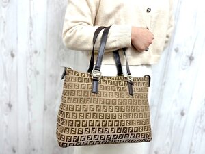 極美品 FENDI フェンディ ズッキーノ トートバッグ ハンドバッグ バッグ ナイロンキャンバス×レザー 茶 79850