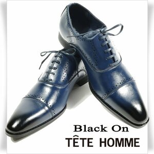 新品1円～★定価1.4万 Black On TETE HOMME テットオム アクションレザー ビジネスシューズ 27.0cm 本革 紺 レース ストレート◆8815◆