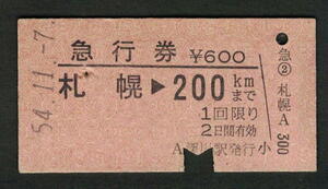 A型急行券 深川駅発行 札幌から200kmまで 昭和50年代（払戻券）