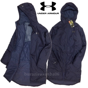 メンズ L 濃紺◆未使用 定価23,100円 UNDER ARMOUR アンダーアーマー ロングコート ベンチコート 軽量中綿 撥水 裏起毛 蓄熱 防寒性抜群