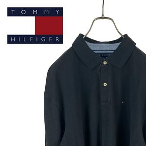 09M457◯ TOMMY HILFIGER トミーヒルフィガー ブラック 鹿の子 無地 刺繍ロゴ 長袖 ポロシャツ ラガーシャツ トップス ビッグサイズ XL