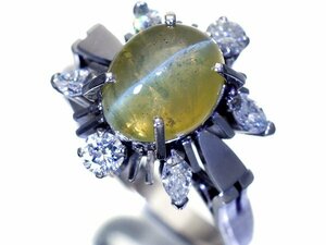 1円～【ジュエリー極】極上天然クリソベリルキャッツアイ2.95ct＆ダイヤモンド0.41ct 高級Pt850リング ソーティング w4639ko【送料無料】