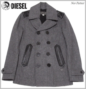 即決 極美品 DIESEL ディーゼル 羊革レザー切替 メルトンウール ダブルブレスト Pコート グレー S 正規品 メンズ