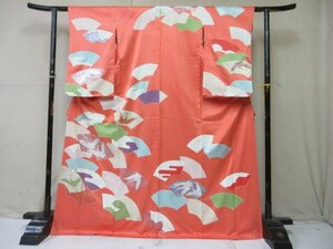 1円 良品 正絹 着物 訪問着 縮緬 式典 和装 和服 地紙 飛鶴 地紙散し おしゃれ 高級 袷 身丈161cm 裄65cm【夢職】★★★