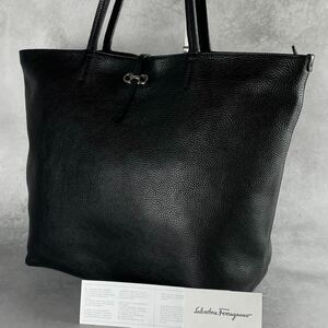 極美品 フェラガモ Ferragamo メンズ ビジネス トートバッグ ダブルガンチーニ ハンド ブラック 黒 レザー 本革 A4可 大容量 肩掛け 