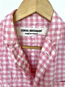 JUNYA WATANABE ジュンヤワタナベ シワ加工 しわ加工 ブロックチェック ギンガムチェック ジャケット 白×ピンクM ポリ×シルク