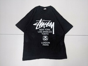 6．STUSSY 00s オールド ステューシー メキシコ製 ワールドツアーロゴ 半袖Tシャツ Y2K ストリート メンズL 黒白 ストリートx503
