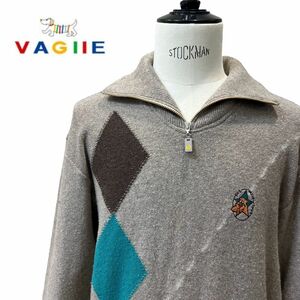 VAGIIE SPORT メンズ 48 (L) 長袖 ハイネック ハーフジップ 上質 ウール ニット セーター ベージュ アーガイル 日本製 ゴルフウェア バジエ