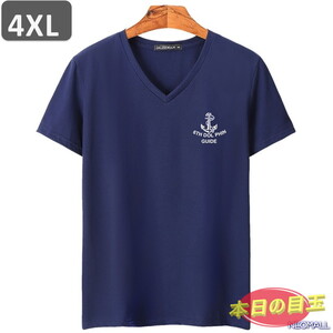 本日のお買得 ☆ Vネック 半袖 Tシャツ【454】 ネイビー 4XLサイズ トップス シャツ シンプル イラスト デザイン 春夏